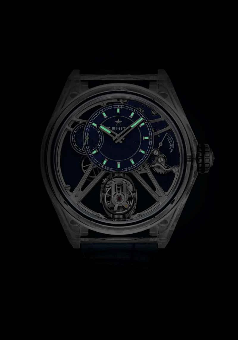 ZENITH真力时DEFY巅峰系列ZERO G零重力腕表，深邃蓝色表盘间点缀着金色黄铁矿石，宛若璀璨星空，搭载El Primero 8812S型手动上链机芯_2.jpg